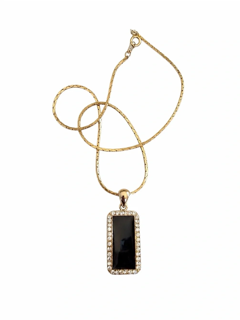 Vintage Gold-tone Necklace Black Enamel Rhinestone Pendant Y2K Coquette
